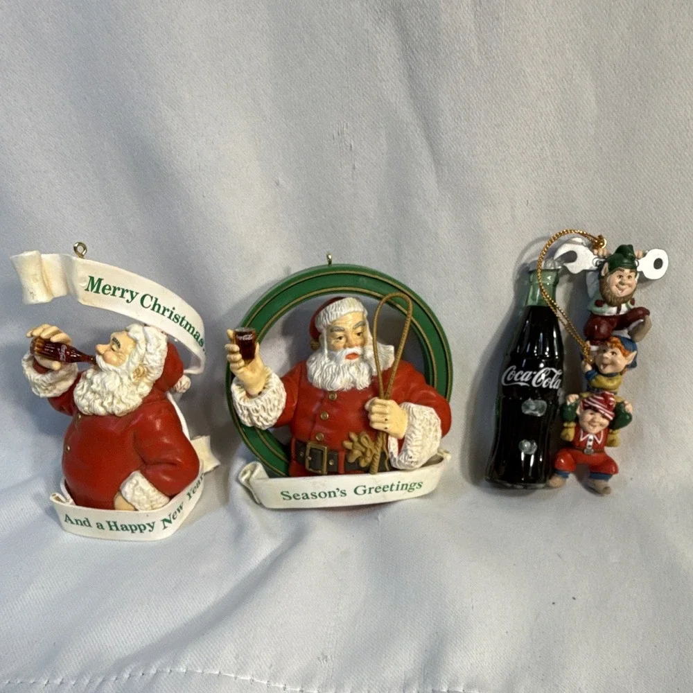 Coca-Cola Lot of 3 Christmas Ornaments Santa Elves Coke Bottle Advertising Red